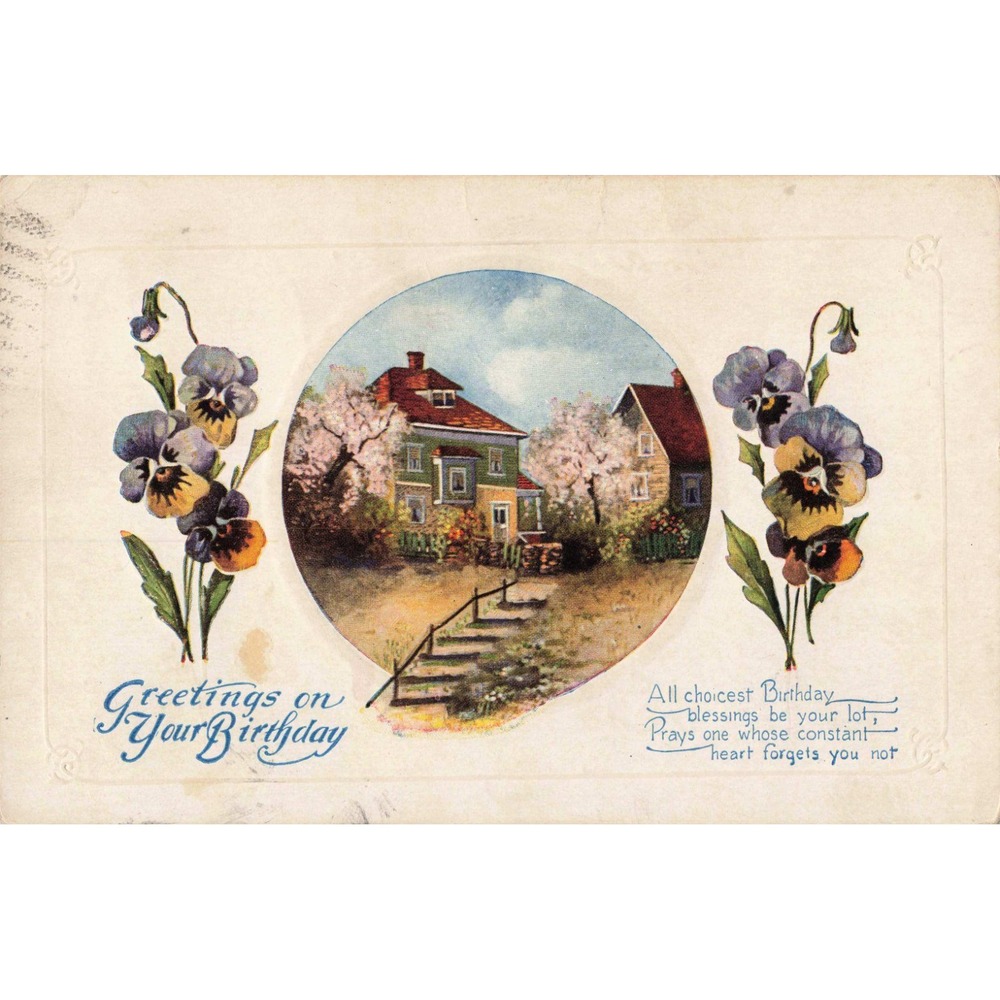 Vintage 1931 Birthday Postcard House Floral Pansies Anselmo Nebraska Postmark - Picture 1 of 2